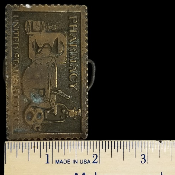 Vintage Pharmacy Stamp Belt Buckle Tiffany Studio New York Brass - Picture 9 of 9